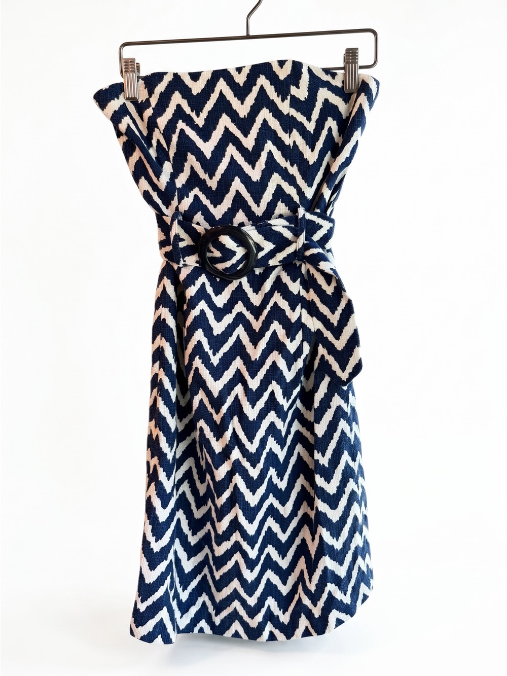 MILLY of New York Strapless Chevron Tweed Pencil Dress. Indigo Blue and White - Picture 5 of 15